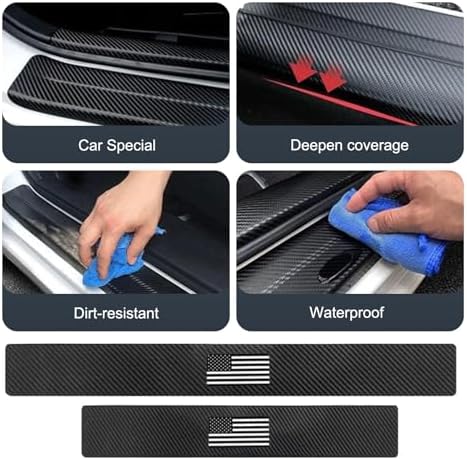 4 PCS Car Door Sill Protectors, American Flag Carbon Fiber Decoration Strip, Anti-scratch Non-slip Paint Guard Film, Waterproof Self-adhesive Pad for Entry & Trunk (Black)