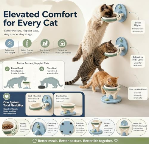 2-in-1 Elevated Ceramic Cat Bowl Wall-Mounted or Floor-Standing, Anti-tip Design Adjustable Height with Foldable/Removable Stand Suitable for Cats and Small Dogs (2Pc Green)