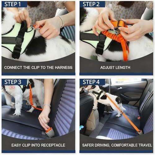 Dog Seat Belt for Car, Adjustable Dog Car Harness, Reflective Dog Seatbelt Leash with Elastic Bungee Buffer, Durable Nylon Pet Safety Dog Seat Belt for All Dog Sizes (Orange)