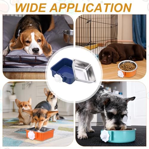 Crate Dog Bowl, Removable Stainless Steel Pet Cage Hanging Anti-Overturn Food Water Feeder Cage Cup (2Pcs, Square, Dark Blue/Orange, 17.7oz), Intended for Puppies/Cat/Rabbit/Bird