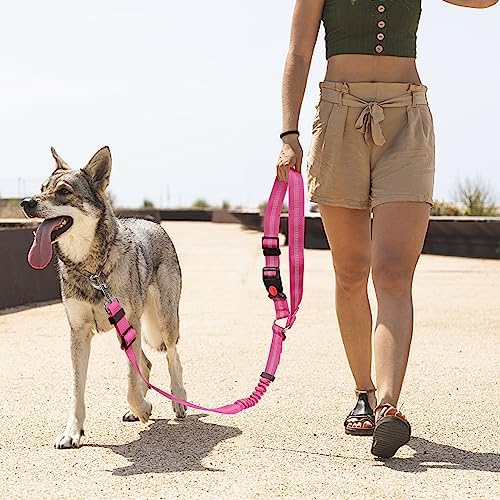 YAOHDAO Dog Seat Belt Harness for Car, Restraint Adjustable with Elastic Bungee Buffer Headrest for Vehicle, 360° Swivel Carabiner Nylon Pet Safety Seat Belts Heavy Duty Car Harness for Dogs Rosy Red