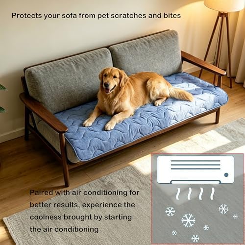Dog Cooling Mat for Medium Dogs & Cats, 39 x 28 in Washable Pet Cooling Pad, Double-Sided Soft Mat with Waterproof Reverse Side, No Gel, Water or Electricity, for Crate, Sofa, Floor & Car(Blue, L)