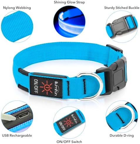 Illumifun LED Dog Collar, USB Rechargeable Light Up Dog Collar, Adjustable Pet Safety Light Glow in the Dark (Blue, Medium)