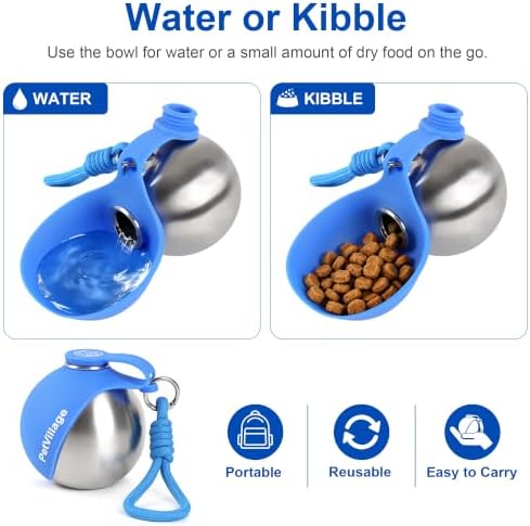 2-in-1 Dog Water Bottle with Foldable Bowl, Portable Leak-Proof Pet Travel Water Dispenser, Stainless Steel Dog Hydration Bottle for Walking, Hiking, Small Dogs & Puppies, Blue 10oz