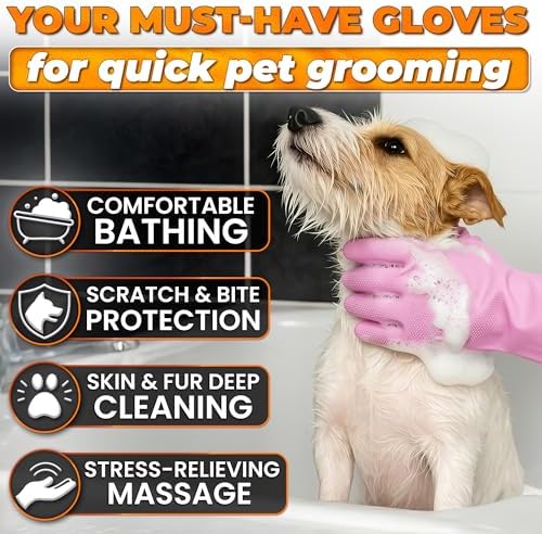 Cat and Dog Washing Gloves, 1 Pair, 11.6 in, Soft Silicone (Pink)