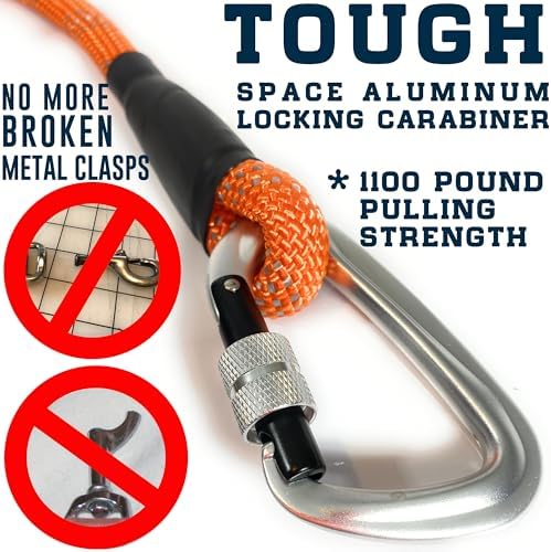 Heavy Duty Rope Dog Leash with 1100LB Rated Locking Carabiner – 6FT Climbing-Inspired Reflective Rope Leash for Large & Medium Dogs that Pull – Padded Handle (White)