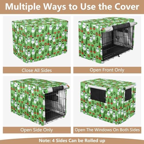 Kigai Snowmen Tree Dog Crate Cover Oxford Fabric Windproof Waterproof Kennel Cover with Breathable Mesh & Roll-Up Panels, Fit for 41 in Cage, Washable