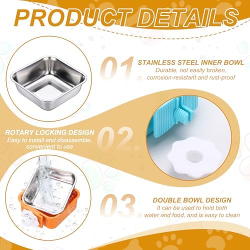 Crate Dog Bowl, Removable Stainless Steel Pet Cage Hanging Anti-Overturn Food Water Feeder Cage Cup (2Pcs, Square, Dark Blue/Orange, 17.7oz), Intended for Puppies/Cat/Rabbit/Bird