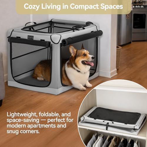 PETSFIT Portable Dog Crate for Medium Dogs, – 30" Soft Dog Travel Crates with Lockable Zippers & Thicken Mat, Adjustable Patented Spiral Steel Frame, Collapsible Kennel for Indoor & Outdoor