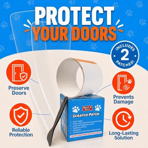 MATCH 'N PATCH Door Scratch Protector - Clear, Self-Adhesive Plastic Door Guard for Dogs & Cats - Pet Wall Protector with Application Scraper (34.5 x 4 Inches, 2 Patches)