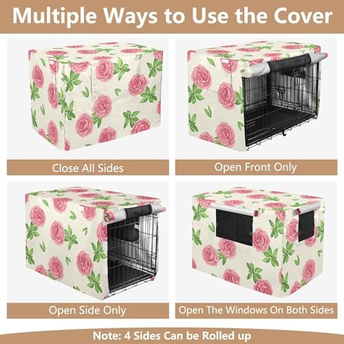 Kigai Peonies Dog Crate Cover Oxford Fabric Windproof Waterproof Kennel Cover with Breathable Mesh & Roll-Up Panels, Fit for 41 in Cage, Washable