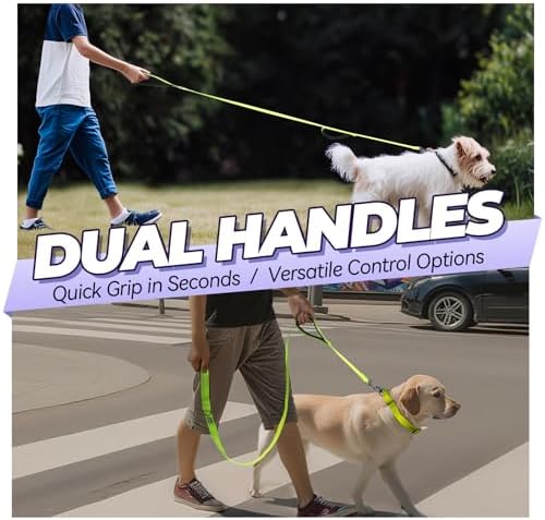VIVAGLORY Double Handle Dog Leash Twingrip, 5ft x 1/2in, Neon Yellow