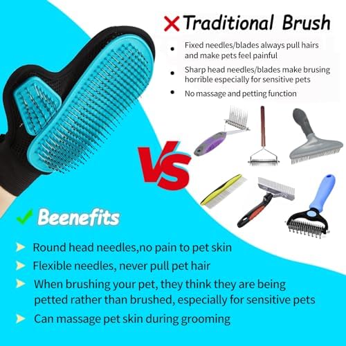 2025 Pet Grooming Glove with Tipped Pin Brush,Special Design Deshedding Glove, Perfect Petting Tool for Sensitive Dogs & Cats with Long & Medium Fur, Massage Mitt - Right-Hand - Blue
