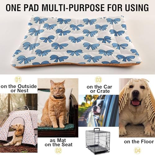 Blue Bow Tie Dog Bed Mat Non-Slip Washable Dog Crate Pad Soft Fluffy Kennel Pad for Small Medium Pet, 24"x 36"