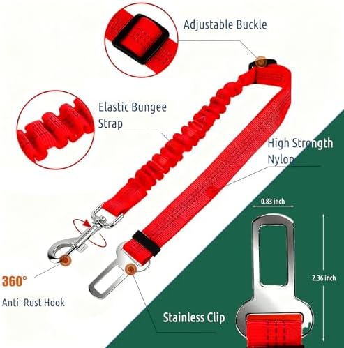 Dog Seat Belt for Car, Adjustable Dog Car Harness, Reflective Dog Seatbelt Leash with Elastic Bungee Buffer, Durable Nylon Pet Safety Dog Seat Belt for All Dog Sizes (Red)