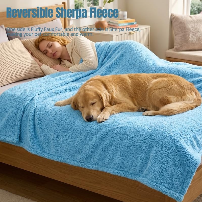 Blue Pet Blankets for Dogs Reversible Waterproof Pets Bed Cover Puppy Cat Blankets Leakproof Sofa Couch Washable Covers Doggie Beds Mats for Warm-Lake Blue,XL