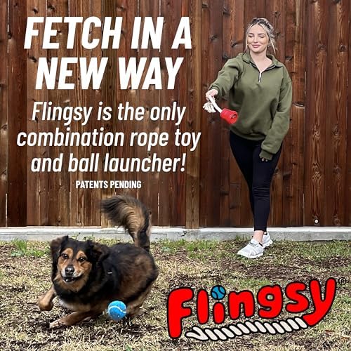 Made in USA Flingsy Dog Ball Launcher and Rope Tug Fetch Thrower Combination Throwing Toy with 100-Percent Natural Cotton Rope