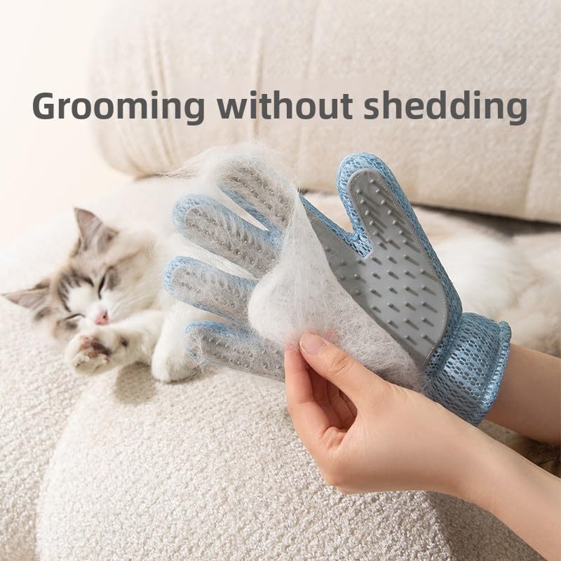Double-Sided Cat Grooming Glove, Silicone Pet Hair Remover and Massage Brush, Right-Hand Blue Deshedding Mitt for Cats and Dogs, Bathing and Daily Grooming