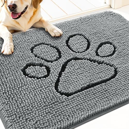 OLANLY Dog Door Mat for Muddy Paws 34x21, Paw Print Design Chenille Mud Mat