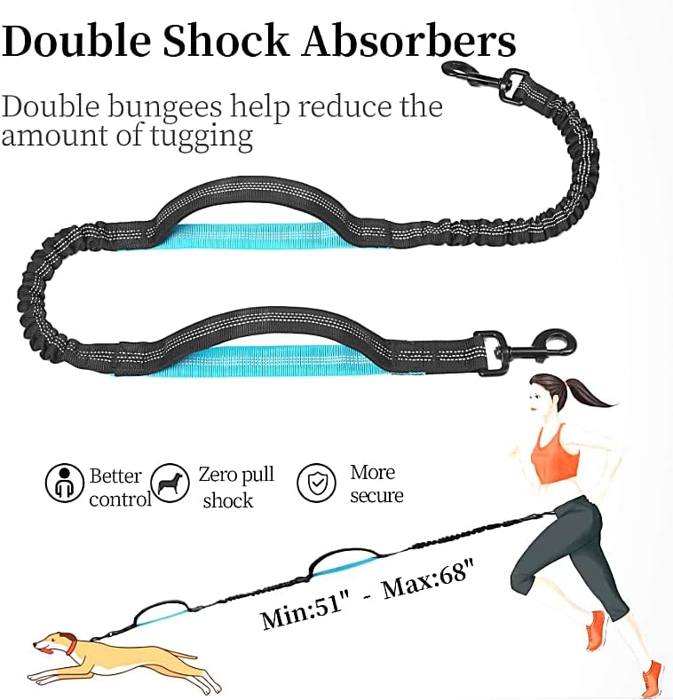 Hands Free Dog Leash with Waist Zipper Pouch, Dual Padded Handles and Dual Bungee Shockabsorbing Leash with Safety Reflective Strip for Walking, Jogging and Running Your Dog