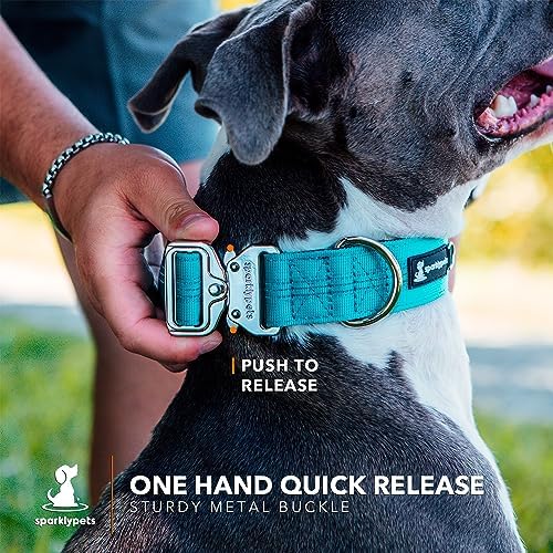 SparklyPets Heavy Duty Wide Dog Collar with Quick Release Chrome Buckle – Thick Tactical Dog Collar with Reflective Stripes & Soft Lining – for Large & Medium Breeds