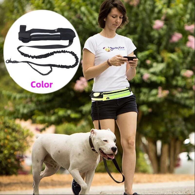 Hands Free Dog Lead with Running Waist Pack, Shock Absorbing Elastic Bungee, Waterproof Pouch with Earphone Hole, Reflective Strip, Adjustable for Jogging, Walking and Hiking