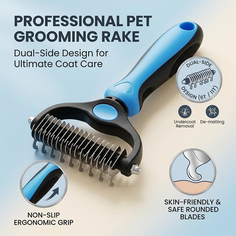 Pet Grooming Tool, Double Sided Deshedding Brush Dematting Rake, Stainless Steel Grooming Comb for Dogs & Cats, Undercoat Rake for Removing Loose Fur, Tangles and Knots (Pink-L, 2 Pack)