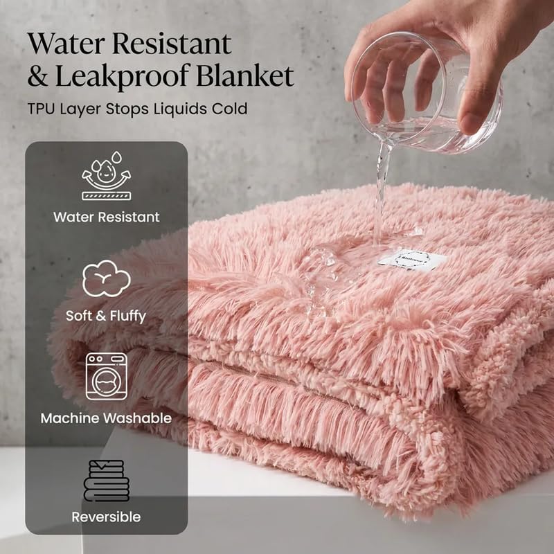 Pet Blankets Waterproof Fluffy Fleece Blanket Cat Dog Blankets Liquid Pee Proof Throw Blanket Reversible Furniture Protector Cover Washable for Couches Beds Sofa 65"x57" Pink