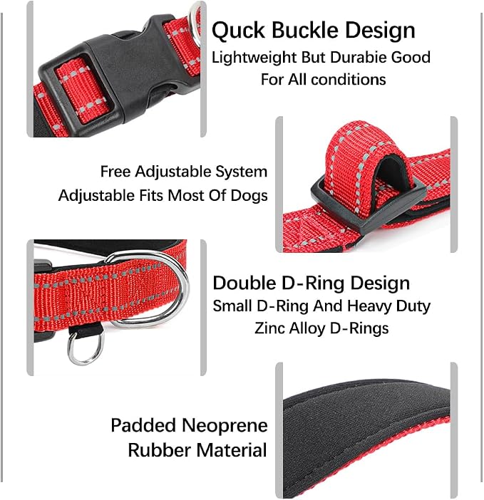 Reflective Nylon Dog Collar for Medium Dogs,Neoprene Padding,Red