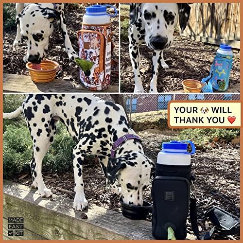 Made Easy Kit Water Bottle Carrier with Pocket for Dog Poop Waste Bags and Adjustable Padded Shoulder Strap (Large (32oz) with Bowl, Camo, Green)
