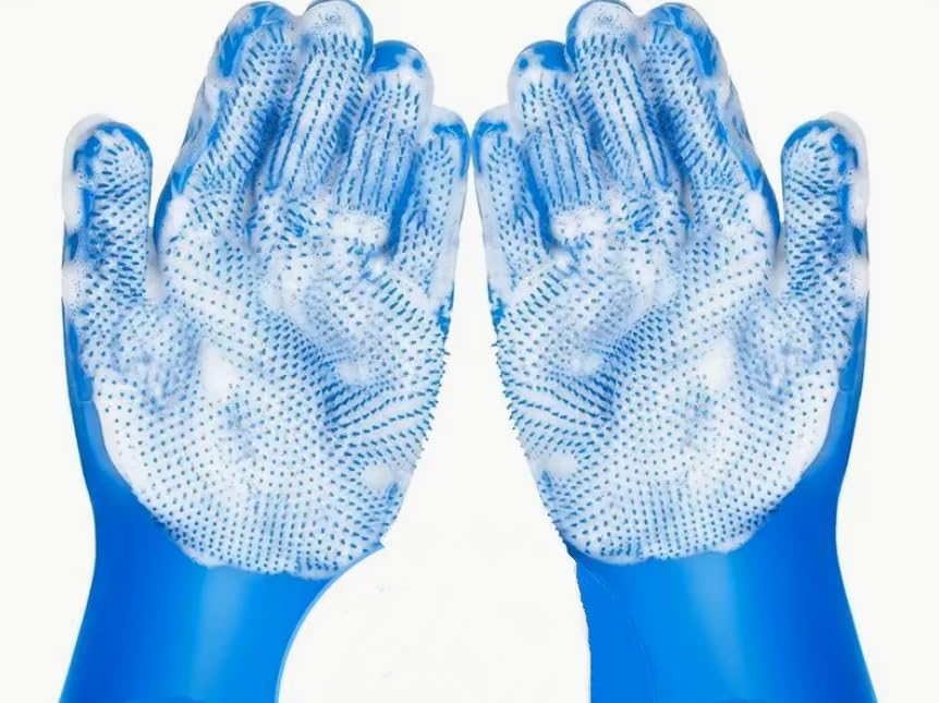 Silicone Dog & Cat Bathing Gloves, Pet Grooming Brush with Non-Slip Grip, Tear-Resistant Soft Massage Glove for Easy Shedding, Bathing & Cleaning (1 Pair, Blue)