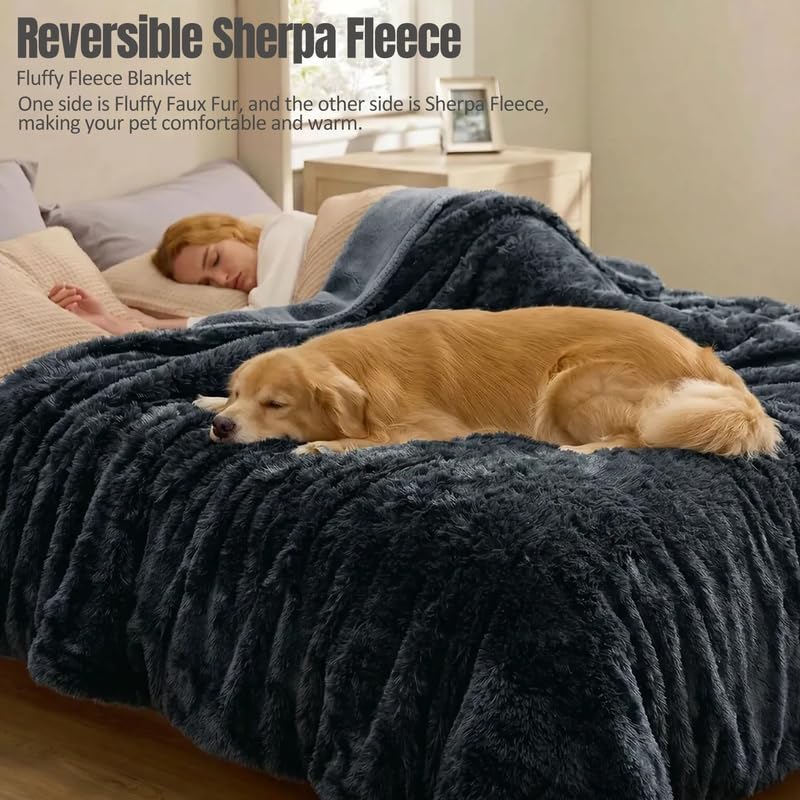 Waterproof Dog Blanket Pet Throw Blankets Fluffy Long Faux Fur Reversible Puppy Blankets 85x57in Furniture Protector Cover for Sofa Bed Couch Bed Cover Washable for Dogs Cats (Grey XL)