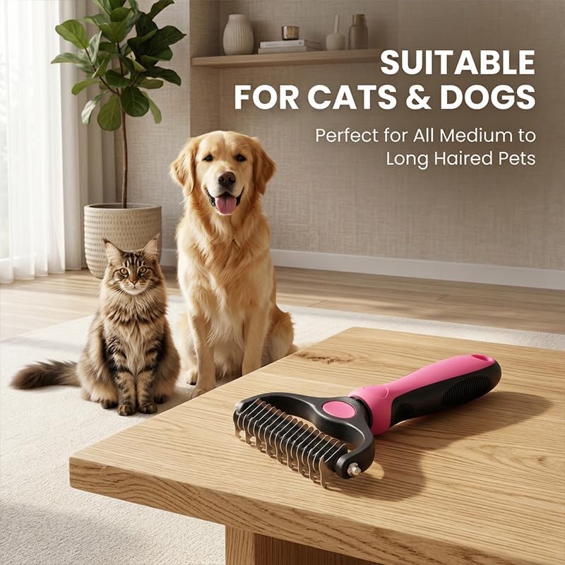 Pet Grooming Tool, Double Sided Deshedding Brush Dematting Rake, Stainless Steel Grooming Comb for Dogs & Cats, Undercoat Rake for Removing Loose Fur, Tangles and Knots (Pink-L, 2 Pack)