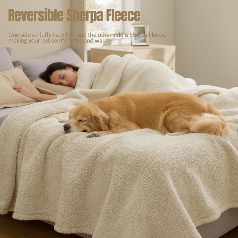 Waterproof Dog Blanket Reversible Pet Bed Cover Puppy Fluffy Cream Blankets Leakproof Sofa Couch Cover Cat Pet Blanket for Warm Washable-L
