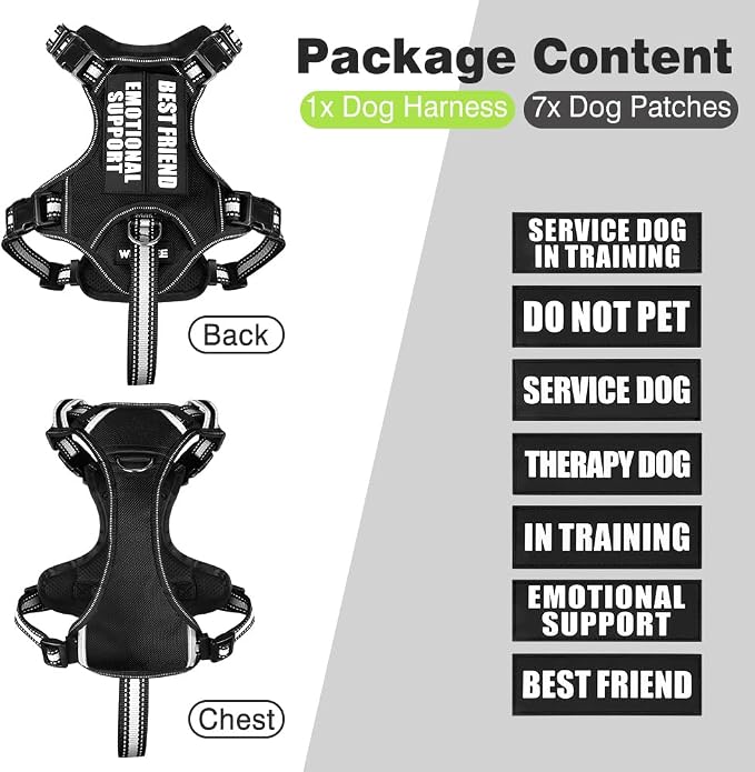 WINSEE Service Dog Vest No Pull Dog Harness with 7 Dog Patches, Reflective Pet Harness with Durable Soft Padded Handle for Training Small, Medium, Large, and Extra-Large Dogs (Medium, Black)