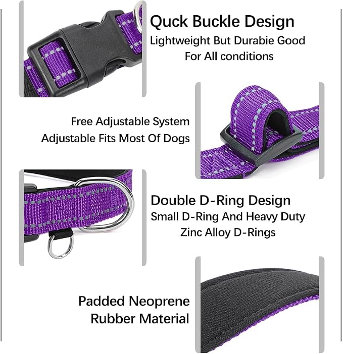 Reflective Nylon Dog Collar for Medium Dogs,Neoprene Padding,Purple