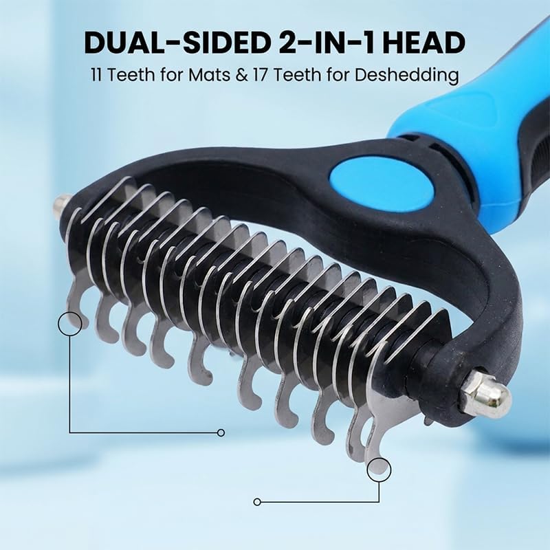 Pet Grooming Tool, Double Sided Deshedding Brush Dematting Rake, Stainless Steel Grooming Comb for Dogs & Cats, Undercoat Rake for Removing Loose Fur, Tangles and Knots (Blue-L, 2 Pack)