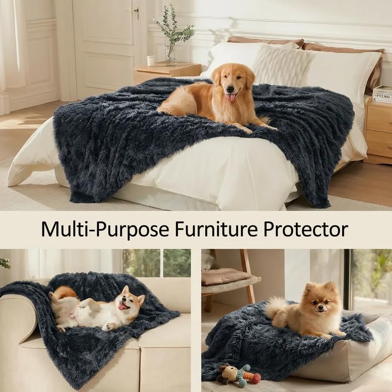 Waterproof Dog Blanket Pet Throw Blankets Fluffy Long Faux Fur Reversible Puppy Blankets 65x57in Furniture Protector Cover for Sofa Bed Couch Bed Cover Washable for Dogs Cats (Black L)