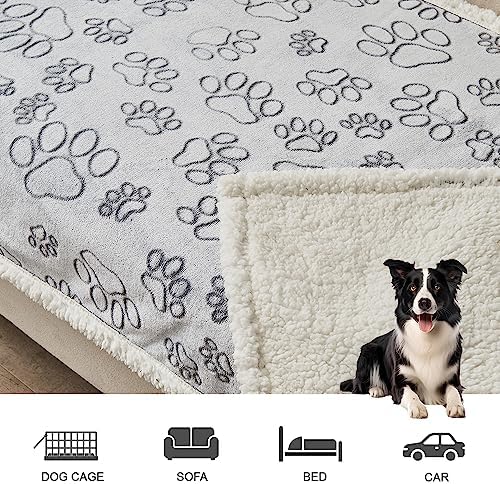 Qeils Dog Blankets for Large Dogs - Waterproof Pet Blanket Washable - Sherpa Fleece Puppy Blanket, Soft Plush Reversible Dog Blanket for Bed Couch Car Sofa, 50"X60", Grey Paw Print