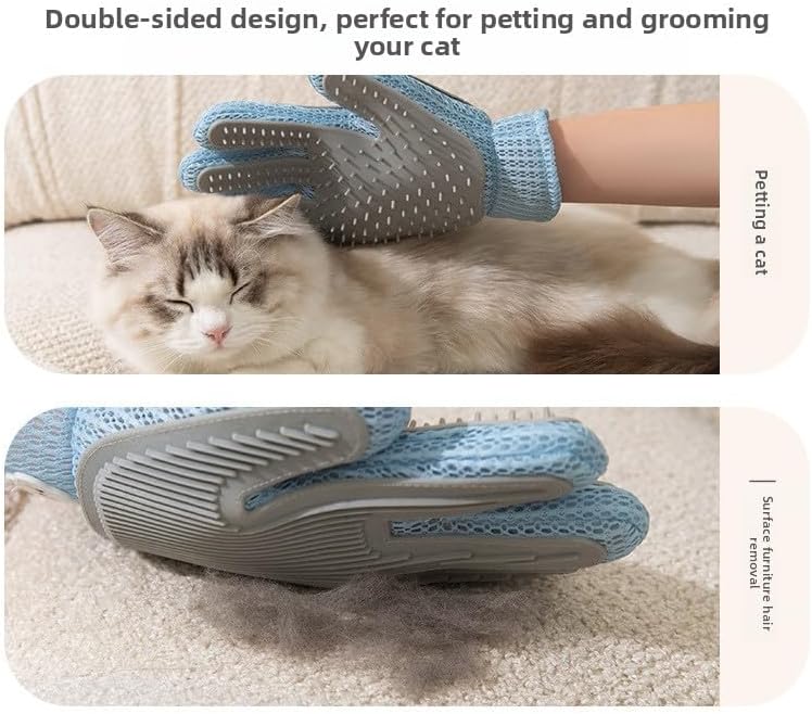 Double-Sided Cat Grooming Glove, Silicone Pet Hair Remover and Massage Brush, Right-Hand Blue Deshedding Mitt for Cats and Dogs, Bathing and Daily Grooming