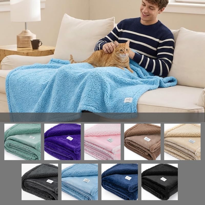 Waterproof Pet Blanket for Dogs Jacquard Fleece Blankets for Bed Cover Reversible Blue Fluffy Puppy Blankets Leakproof Sofa Couch Washable Cover Cat Doggie Blanket for Warm-Lake Blue,L