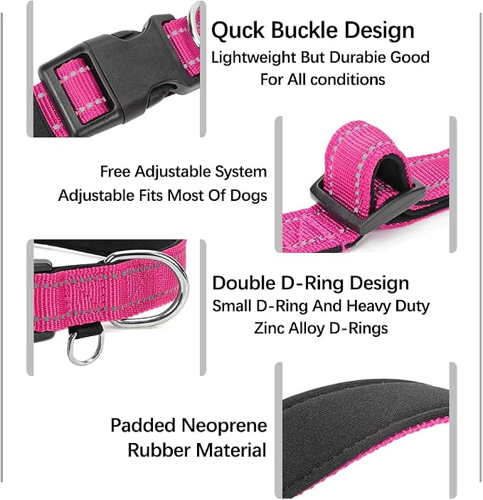 Reflective Nylon Dog Collar for Medium Dogs,Neoprene Padding,Hot Pink