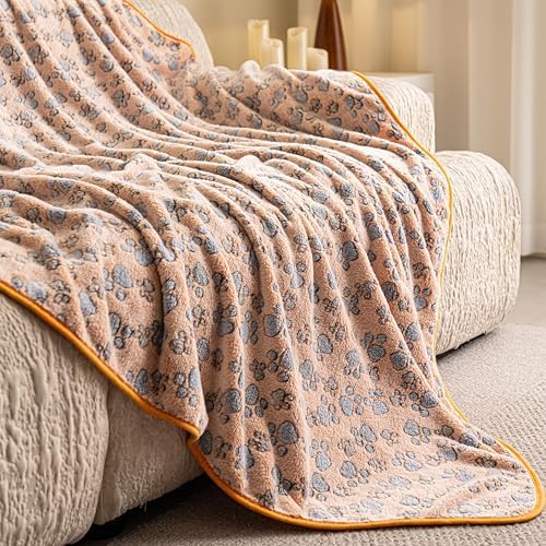 Dog Blanket 2 Pack Soft Flannel Pet Blanket for Dogs & Cats, Cozy Puppy Blanket for Couch Bed Crate, Washable Paw Print Throw 50x60 Inch Red&Brown