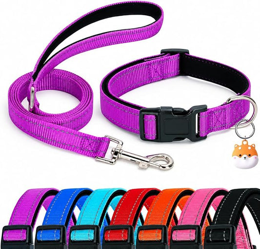 Reflective Soft Neoprene Padded Matching Dog Collar with Leash Airtag Holder Case Set Safety Breathable Adjustable Nylon Dog Collars for X-Small Small Medium Large Dogs-Purple-M