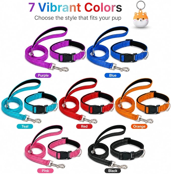 Reflective Soft Neoprene Padded Matching Dog Collar with Leash Airtag Holder Case Set Safety Breathable Adjustable Nylon Dog Collars for X-Small Small Medium Large Dogs-Purple-S