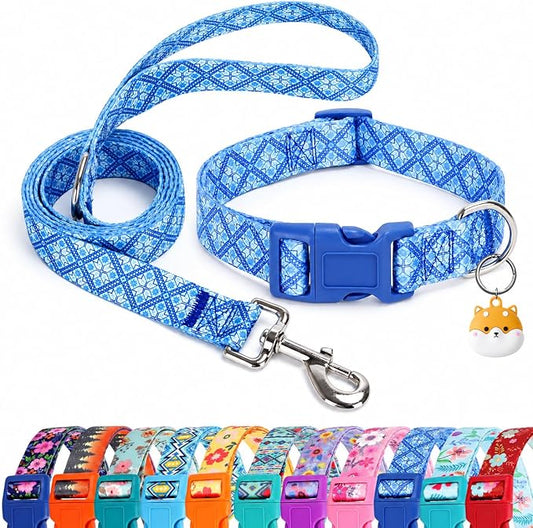 Matching Dog Collar and Leash Set with AirTag Holder-Blue Geometry/S