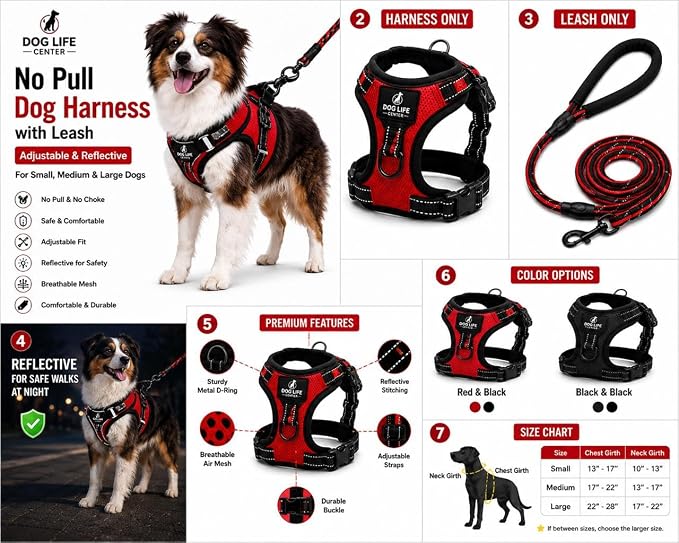 No Pull Dog Harness with Leash for Medium Dogs, Adjustable Reflective Soft Padded Vest, Breathable Easy Walk Training Pet Harness