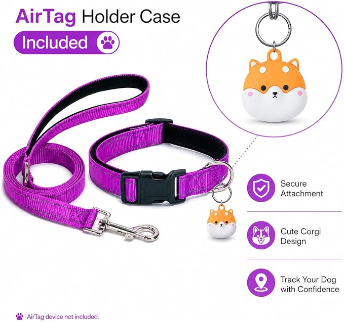 Reflective Soft Neoprene Padded Matching Dog Collar with Leash Airtag Holder Case Set Safety Breathable Adjustable Nylon Dog Collars for X-Small Small Medium Large Dogs-Purple-S