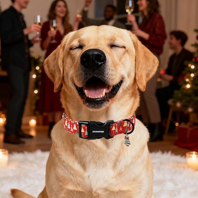 DOGWONG Red Christmas Dog Collar, Cute Christmas Tree Dog Collar Durable Soft Fabric Pet Dog Collars Girl Boy Puppy Necklace for Small Medium Large Dogs，M