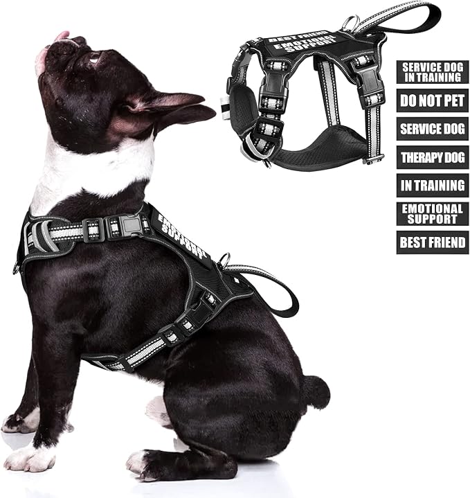 WINSEE Service Dog Vest No Pull Dog Harness with 7 Dog Patches, Reflective Pet Harness with Durable Soft Padded Handle for Training Small, Medium, Large, and Extra-Large Dogs (Medium, Black)